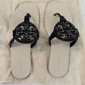 Tory Burch Black and Cream Sandals with Embellishments